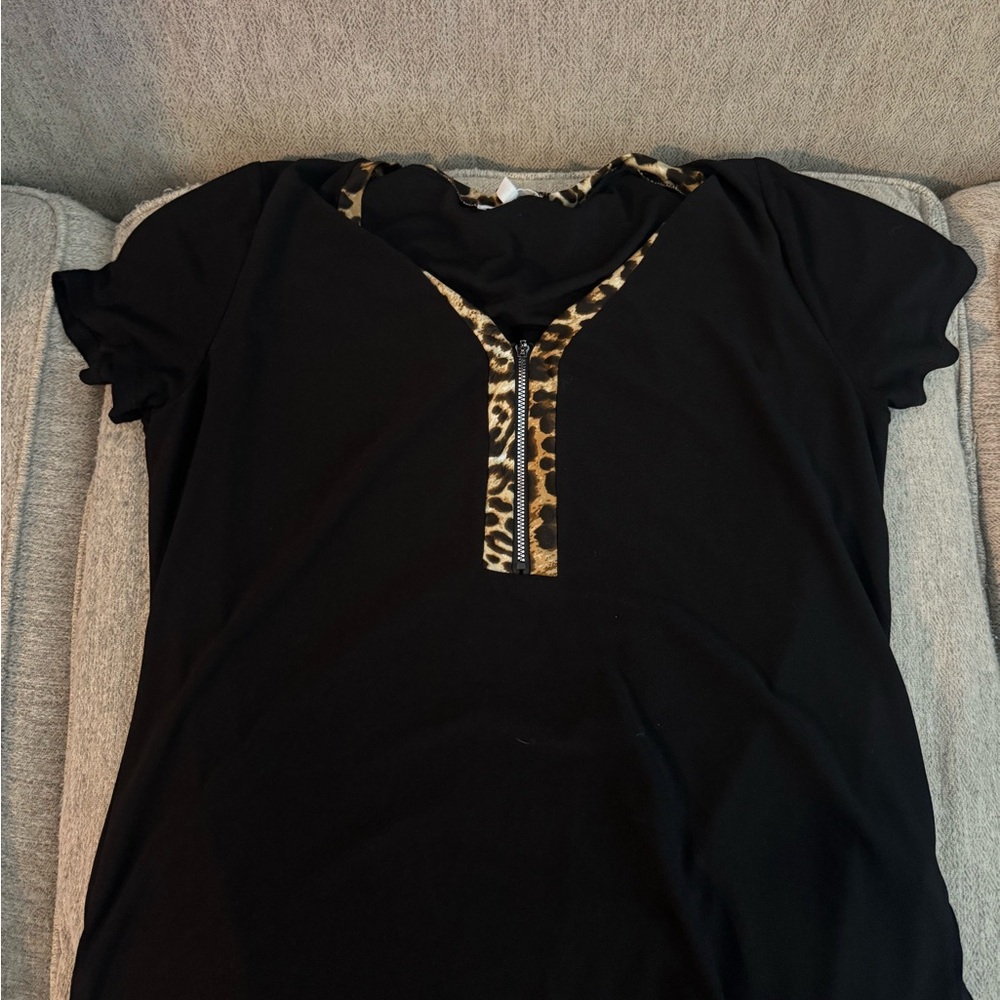89th & Madison Black Top with Leopard Accent